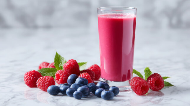 Fresh berry smoothie in a clear glass, surrounded by vibrant raspberries and blueberries, garnished with mint leaves, showcasing a healthy and refreshing beverage option
