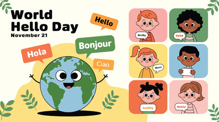 World hello day celebrated with diverse children and a smiling earth, promoting global communication and friendship on november 21st