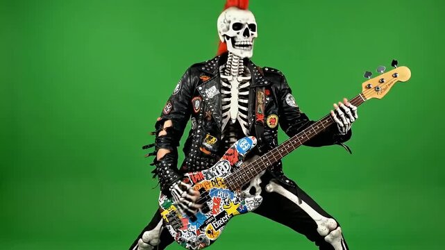 A Punk Rock Skeleton Shredding on a Sticker-Bombed Bass, Rock 'n' Roll Never Dies: Animated Skeleton Bassist on Green Screen