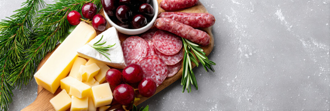 Assorted cheese platter featuring various cheeses, cured meats, grapes, and fresh herbs arranged on a wooden board, perfect for festive gatherings and culinary presentations
