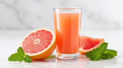 Freshly squeezed grapefruit juice in a clear glass, surrounded by halved grapefruit and mint leaves, showcasing vibrant colors and refreshing summer beverage concept