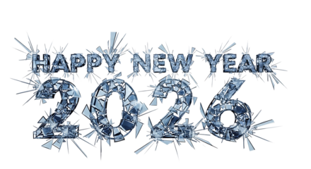 Happy New Year 2026 text, shattered ice crystal letters, cutout, PNG isolated on white or transparent background