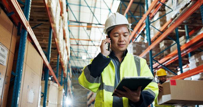 Man, phone call and tablet at warehouse for logistics, contact and schedule for supply chain job. Person, tech and smartphone for communication, low angle or talk with inventory management at plant