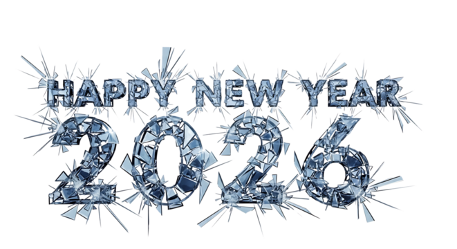 Happy New Year 2026 text, shattered ice crystal letters, cutout, PNG isolated on white or transparent background