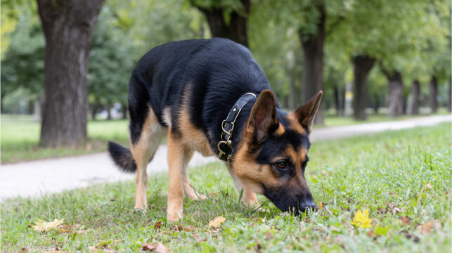 German shepherd police dog exploring grassy park area, sniffing ground with trees lining the pathway, showcasing curiosity - Powered by Adobe