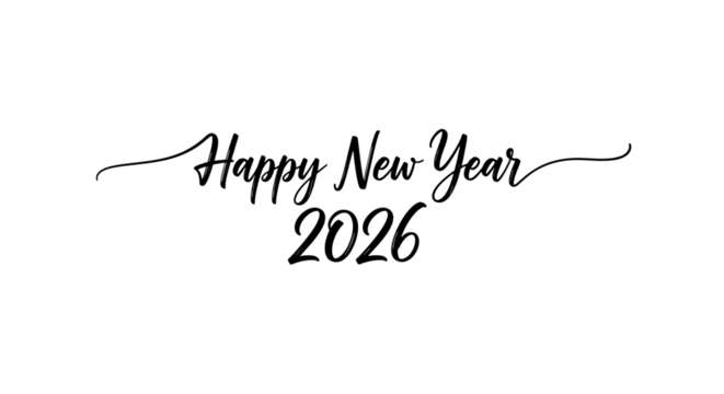Happy New Year 2026 text, white script on black, cutout, PNG isolated on white or transparent background