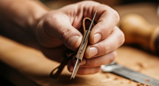 A craftsman's hand meticulously working with leather, showcasing the artistry of leather craft.