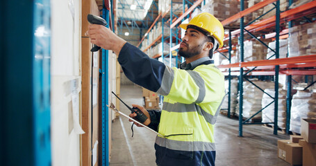 Shipping, scan and man with clipboard in warehouse for supply chain, distribution and inventory....