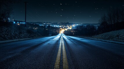 Fototapeta premium Bright city lights shine in the distance along a long, empty road under a starry night sky