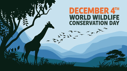 Silhouette of a giraffe against a backdrop of mountains and a flock of birds, commemorating world wildlife conservation day on december 4th