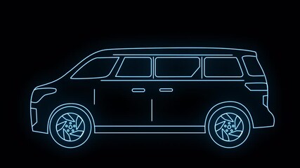 Futuristic Glowing Blue Minivan Digital Outline Animation. - Powered by Adobe