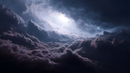 Fototapeta premium Dramatic swirling vortex of dark cosmic clouds illuminated by lightning and a powerful central light