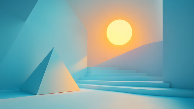 Abstract paper-cut style landscape with blue waves, a pyramid, and a rising sun