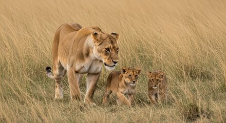 Lioness and cubs walking in serengeti grasslands