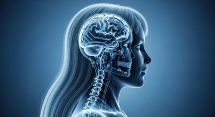 Glowing human brain and nervous system in profile