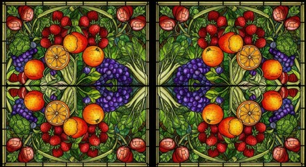 Symmetrical stained glass panel with vibrant fruits and foliage
