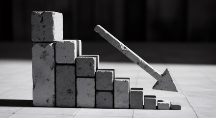 Concrete bar graph showing a decline with a downward arrow. Business loss and negative trend concept for financial downturn analysis.