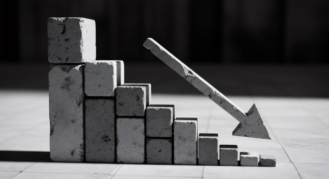 Concrete bar graph showing a decline with a downward arrow. Business loss and negative trend concept for financial downturn analysis.