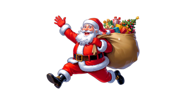 Joyful santa claus leaping with gifts on transparent background