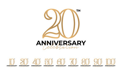 Minimalist birthday number logo collections. 10, 20, 30, 40, 50, 60, 70, 80, 90, 100, anniversary symbol with gradient gold color. Luxury age celebration vector template