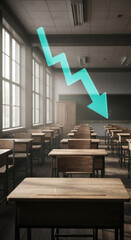Obraz premium Downward arrow on financial graph in empty classroom. Education crisis, academic decline, or budget cut concept for school.