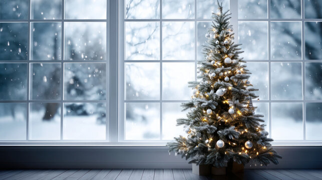 decorated Christmas tree in front large window snow falling outside, space for text above. Merry Christmas and Happy Holidays greeting card, frame, and banner. New Year. Noel. Winter Christmas theme.