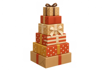 Stack of festive gift boxes with colorful wrapping and bows, celebrating special occasions like christmas and birthdays on transparent background