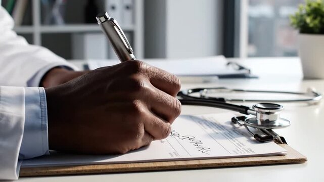 Doctors Hand Writes Prescription - Medical Professional at Work in Clinic.