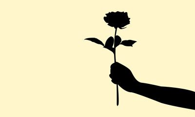 Silhouette of hand holding and give a rose concept design. Icon of giving a flower for someone. Vector illustration.