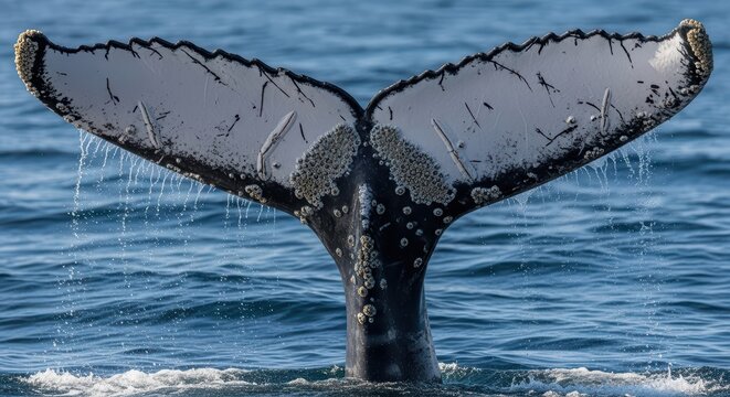 Humpback whale tail with barnacles in ocean water