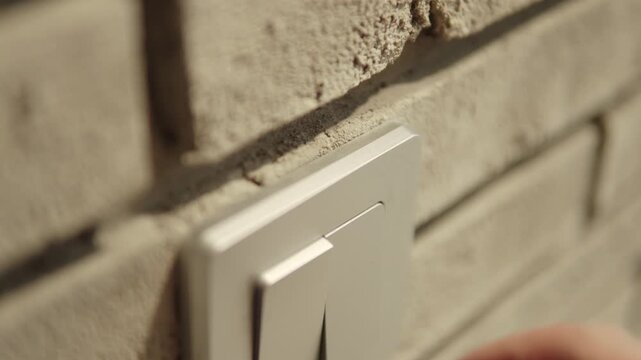 Caucasian person hand pressing switch on brick wall and turning on light. Moment lights are turned on in modern room. Daily routine in dark.