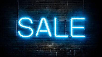 Bright blue glowing word illuminates dark textured brick surface