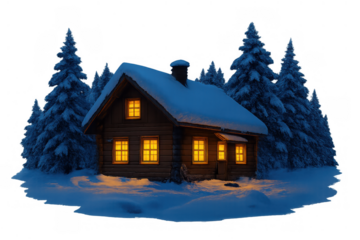 Winter log cabin nestled among snow-covered spruce trees, glowing warmly with window lights on a snowy night, transparent background