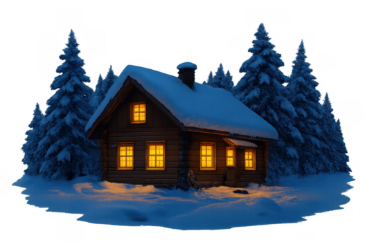 Winter log cabin nestled among snow-covered spruce trees, glowing warmly with window lights on a snowy night, transparent background