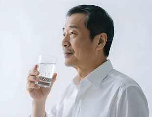 adult man drinking a glass of mineral water, isolated on white background