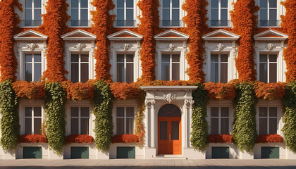 Obraz premium Ivy-Covered Facade: Autumnal Orange and Green Vines on Ornate Building Exterior.