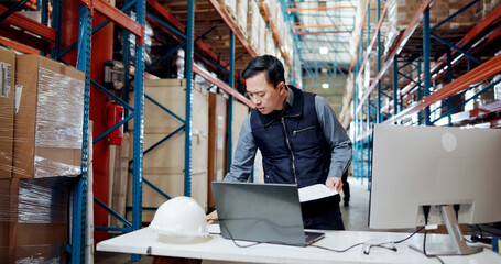 Man, documents and stress at warehouse with laptop, checklist or lost invoice for shipping order....