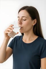 a woman drinking a glass of mineral water, isolated on white background