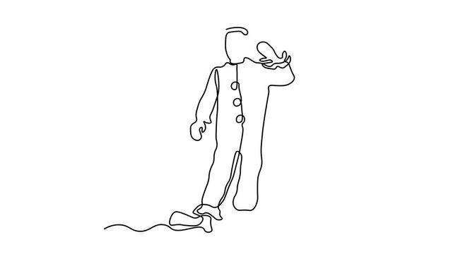 Abstract clown without a face. Self drawing animation one continuous line draw, logo on white background