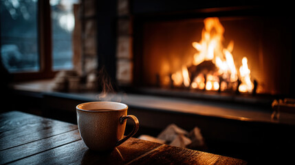 cozy fireplace with a cup of hot cocoa, a warm glow, and plenty of room  top for text. Merry Christmas and Happy Holidays greeting card, frame, and banner. New Year. Noel. Winter Christmas theme.