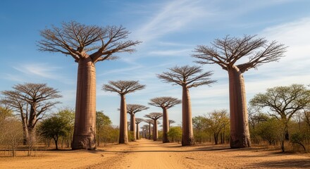 Fototapeta premium Majestic baobab trees lining a sunlit pathway under a clear blue sky