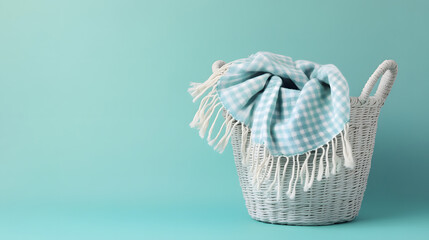 Fototapeta premium Light blue checkered blanket with fringes draped over a woven basket against a teal background