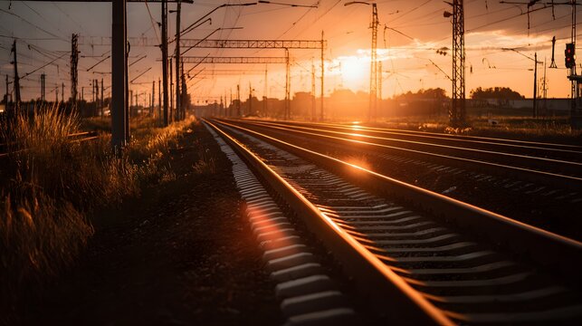 Sunlight flares intensely over multiple sets of parallel railway tracks stretching toward the horizon at dusk