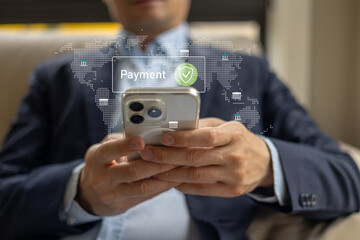businessman using smartphone with digital payment and global security icons, representing secure mobile transactions, e-commerce, and fintech solutions.
