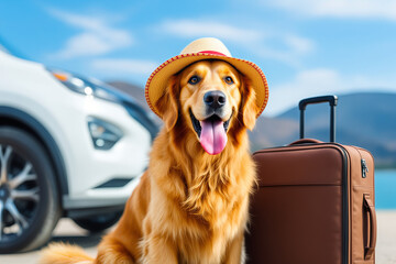 Golden Retriever Vacation: Dog with Suitcase & Hat Ready for Road Trip. Cute Pet Travel Photography, Summer Holiday Adventure with Canine Friend