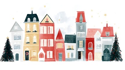 Naklejka premium Christmas town with houses and christmas tree. illustration in flat style. Village houses in winter. Hand drawn illustration on white background.