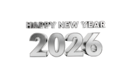 Happy New Year 2026 text, 3D metallic, cutout, PNG isolated on white or transparent background