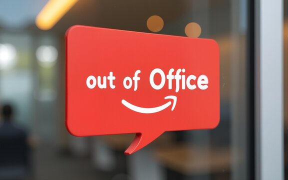 out of office in red dialog label and smile. High quality