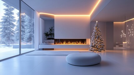 Minimalist Christmas futuristic smart home corner with digital fireplace and minimalist decor 
