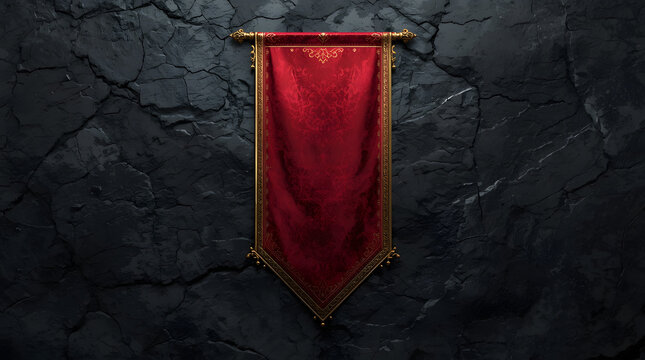 Red medieval tapestry hanging on stone wall with decorative pattern